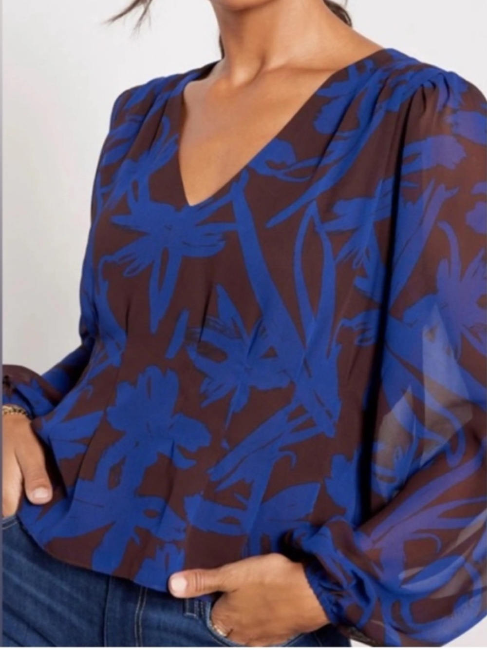 Evereve Harper Seamed Blue Brown Sheer Sleeve Women's Blouse XL